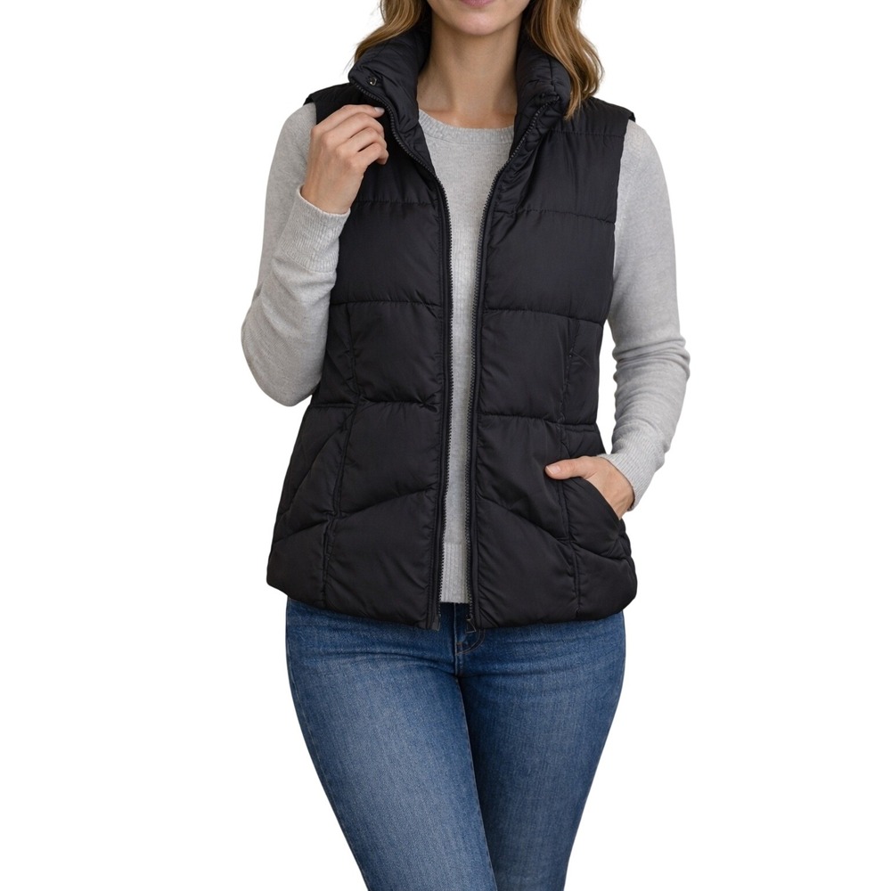 SB Active Puffer Vest Womens Small Black Down Filled Chevron Quilted Zip Up